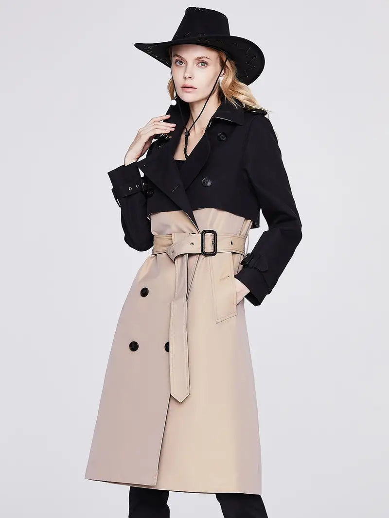 Color Block Double-breasted Women's Long Coat
