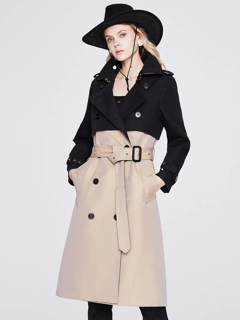Color Block Double-breasted Women's Long Coat