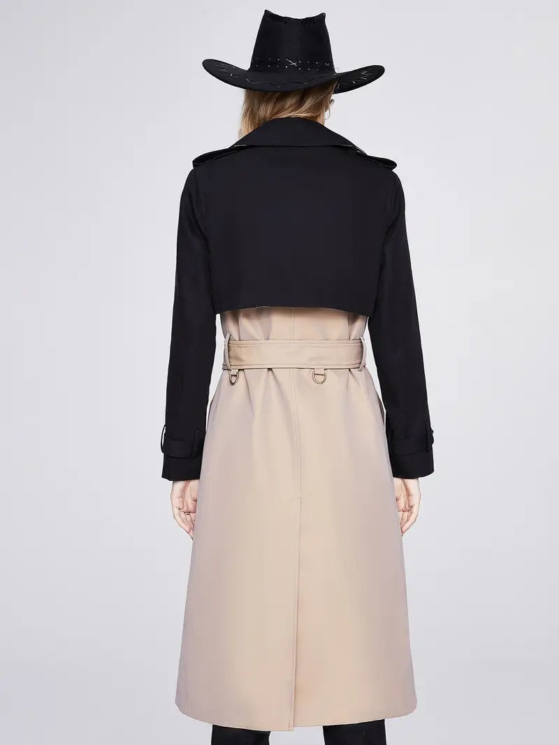 Color Block Double-breasted Women's Long Coat