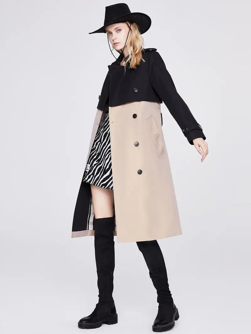 Color Block Double-breasted Women's Long Coat