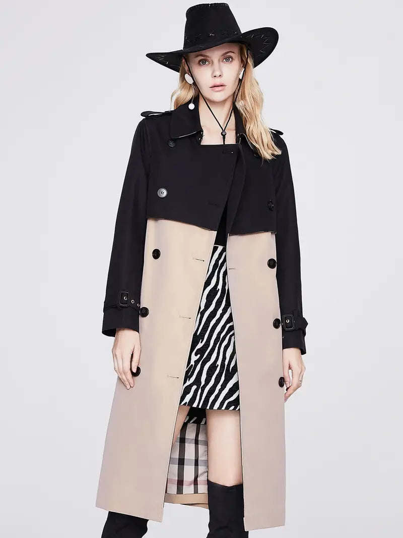Color Block Double-breasted Women's Long Coat